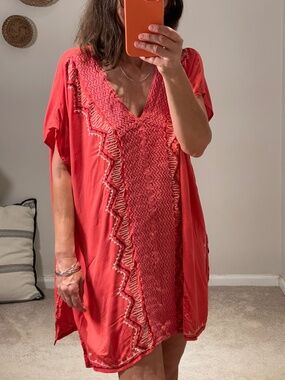 LA Class red coral embroidered crochet beach cover up dress women S/M